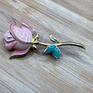 Vintage rose brooch, pin, gold tone with enamel paint